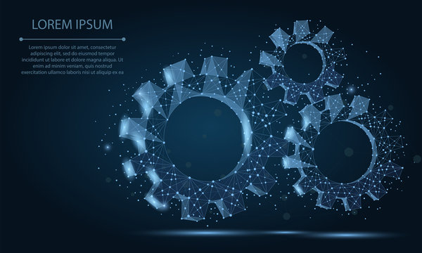 Abstract line and point gear on dark blue night sky with stars. Polygonal low poly background with connecting dots and lines. Vector illustration connection structure. 
