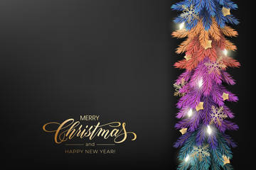 Holiday's Background for Merry Christmas greeting card with a realistic colorful garland of pine tree branches, decorated with Christmas lights, gold stars, snowflakes