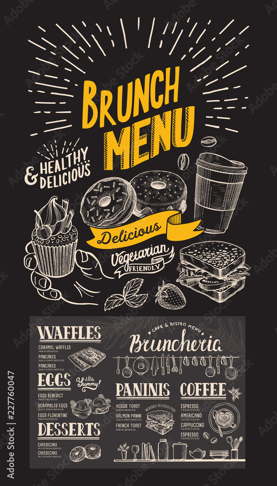 Brunch restaurant menu on chalkboard background. Vector food flyer for bar and cafe. Design template with vintage hand-drawn illustrations. - obrazy, fototapety, plakaty 
