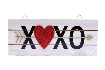 Heart xoxo hugs and kisses wooden sign isolated on white background