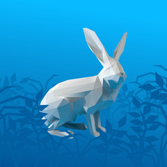 Poly White Rabbit on Blue Vector White 3D Rendering