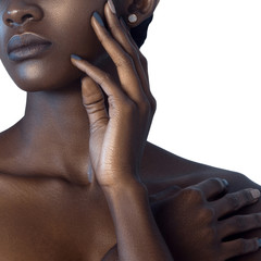 Wall Mural - Palm and lips of young beautiful black woman with clean perfect skin close-up