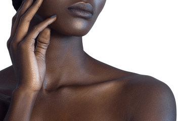 Palm and lips of young beautiful black woman with clean perfect skin close-up