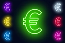 Neon Euro Sign In Various Color Options On A Dark Background .