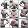 Pain in different man's body parts, chronic diseases of the male body, collage of several photos isolated on white background