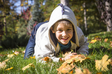 Happy little boy in the autumn park