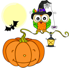 Poster - Halloween owl with orange pumpkin
