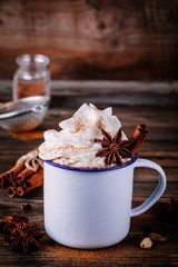 Wall Mural - Hot chocolate drink with cinnamon and whipped cream.