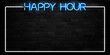 Vector realistic isolated neon sign of Happy Hour frame logo for decoration and covering on the wall background. Concept of night club, free drinks, bar counter and restaurant.