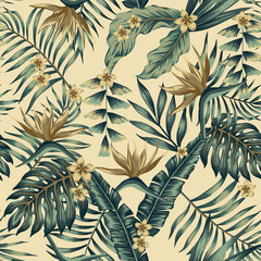 Wall Mural - Tropical leaves and gold flowers seamless beige background