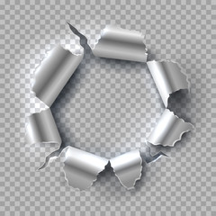 metal hole. exploding steel with torn, ripped edges isolated on transparent background. vector grung