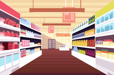 Poster - Grocery supermarket interior with full product shelves. Retail and consumerism vector concept. Illustration of supermarket and shop, grocery interior