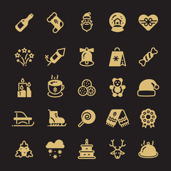 Poster - Winter xmas silhouette gold icons isolated on black background. Illustration of xmas and christmas gold icons, new year set icon