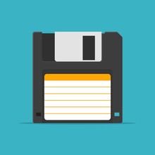 Black Floppy Disk Icon In Flat Style Isolated On Blue Background. HD Diskette Old Data Media.