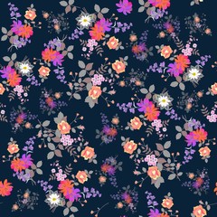 Exotic seamless floral background. Bouquets of garden flowers isolated on  dark blue background. Print for fabric.