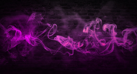 colorful smoke on a black background. Empty background of black brick wall, neon light, smoke.