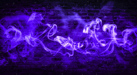 colorful smoke on a black background. empty background of black brick wall, neon light, smoke.