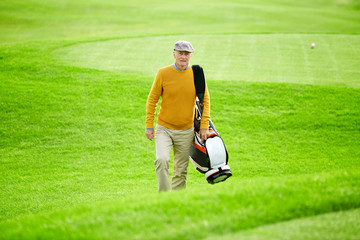 Wall Mural - Senior man with sportive bag walking along green field while huttying for game of golf