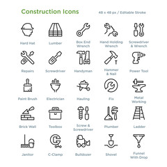  Construction Icons - Outline styled icons, designed to 48 x 48 pixel grid. Editable stroke.