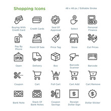 Shopping Icons - Outline styled icons, designed to 48 x 48 pixel grid. Editable stroke.