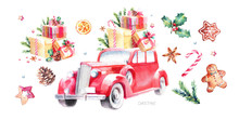 Watercolor Illustration Of A Christmas And New Year Retro Car Decorated With Gifts, сhristmas Trees, Toys And Sweets, Cute Drawing Paints From A Vintage Old Hot Rod On A White Background