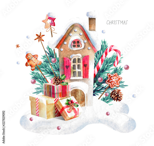 Shristmas House Watercolor Illustration Of A Cute House In A Cup