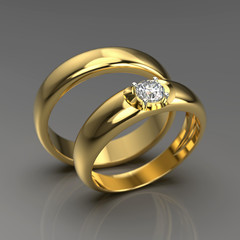 Wedding diamond ring and golden ring on gradient background. 3d render.