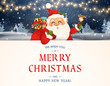 © pipochka - We Wish you a Merry Christmas. Happy new year. Santa Claus character with big signboard. Merry Santa Clause with jingle bell. Holiday greeting card with Christmas snow. Isolated vector illustration.