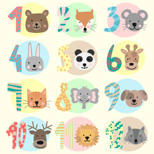Vector Image Of 12 Months For A Baby With Animals. A Collection Of Children's Stickers With Numbers And Bear, Fox, Mouse, Rabbit, Panda, Giraffe, Cat, Elephant, Dog, Deer, Lion, Raccoon.