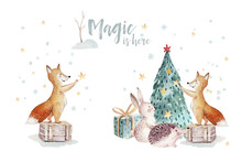 Watercolor Gold Merry Christmas Illustration With Snowman, Christmas Tree , Holiday Cute Animals Fox, Rabbit And Hedgehog . Christmas Celebration Cards. Winter New Year Design.