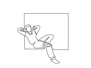 Wall Mural - Continuous one line drawing. Young man relaxing in window, sitting. Vector illustration