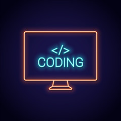 Coding neon sign. Pc monitor with programming neon banner on brick background