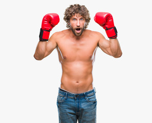 Wall Mural - Handsome hispanic boxer man wearing boxing gloves over isolated background scared in shock with a surprise face, afraid and excited with fear expression