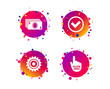 © blankstock - ATM cash machine withdrawal icons. Click here, check PIN number, processing and cash withdrawal symbols. Gradient circle buttons with icons. Random dots design. Vector