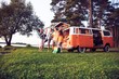 © opolja - summer holidays, road trip, vacation, travel and people concept - smiling young hippie friends having fun over minivan car.