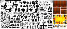 Big Set Of Halloween Silhouettes Black Icon And Character. Vector Illustration. Isolated On White Background.