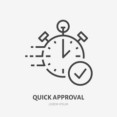 Stopwatch, clock flat line icon. Fast money transaction concept sign. Thin linear logo for financial services, quick loan approval, cash transfer, online payment, delivery vector illustration.