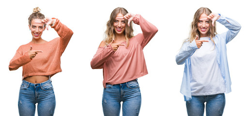 Poster - Young beautiful young woman wearing casual look over white isolated background smiling making frame with hands and fingers with happy face. Creativity and photography concept.