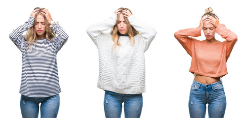 Poster - Young beautiful young woman wearing casual look over white isolated background suffering from headache desperate and stressed because pain and migraine. Hands on head.