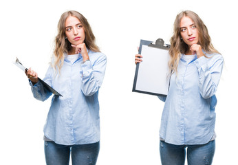 Sticker - Young beautiful young business woman holding clipboard over white isolated background serious face thinking about question, very confused idea