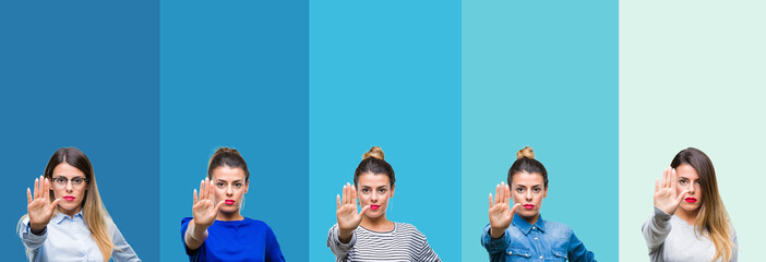 Canvas Print - Collage of young beautiful woman over blue stripes isolated background doing stop sing with palm of the hand. Warning expression with negative and serious gesture on the face.