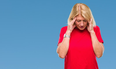 Sticker - Middle age blonde woman over isolated background with hand on head for pain in head because stress. Suffering migraine.