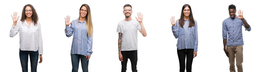 Poster - Group and team of young business people over isolated white background showing and pointing up with fingers number five while smiling confident and happy.