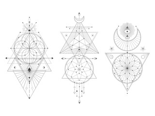 Wall Mural - vector set of sacred geometric symbols on white background. abstract mystic signs collection. black 