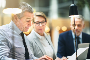 Wall Mural - Mature businesspeople discussing work together during a meeting