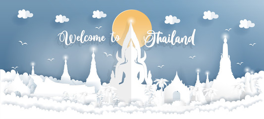 Fototapete - Travel poster and postcard with big Buddha, temple, Thailand landmarks in paper art style, vector illustration.