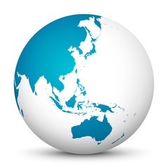 Wall Mural - white 3d globe icon with blue continents. focus on australia, japan, india, korea and new zealand