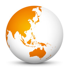 Wall Mural - white 3d globe icon with orange continents. focus on australia, japan, india, korea and new zealand
