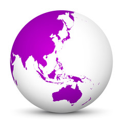 Wall Mural - white 3d globe icon with purple continents. focus on australia, japan, india, korea and new zealand