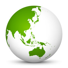 Wall Mural - white 3d globe icon with green continents. focus on australia, japan, india, korea and new zealand